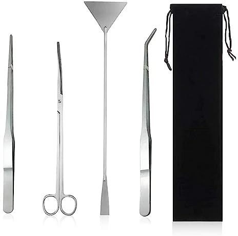 Vueinrg 4 in 1 Set di Attrezzi per Acquario, Acquari in Acciaio Inox Kit Pinzette Forbici Spatola con Borse di Stoccaggio Accessori Acquarios per L'acquario Landscaping e Piante Acquatiche