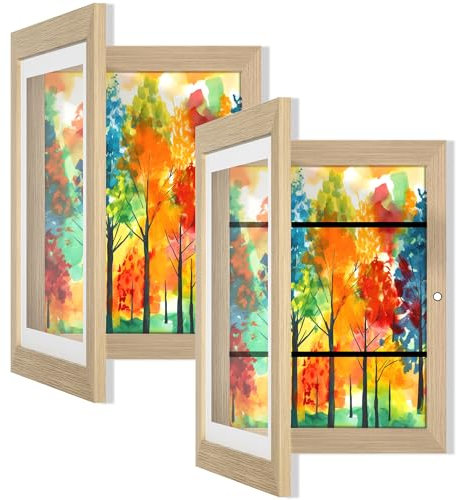 Orionstar 2 Pack Kids Art Frames, Wooden Magnetic Frames, Glossy Acrylic Sheets, Holds 100 A4 Pcs, Rustic Modern Style, 11.8X8.5 Inches