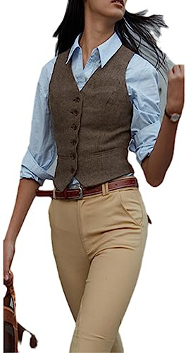 Fjnbbiot Gilet Da Abito Da Donna Gilet Estetico Con Scollo A V Marrone Gilet Elegante In Tweed A Spina Di Pesce Per Gilet Da Sposa brown L