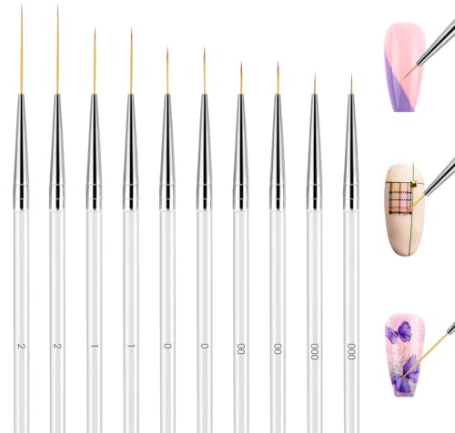Andibro Microtype Lot de 10 pinceaux à ongles fins avec manche transparent pour les doigts, design de motif, pour les détails et les rayures fines de pointillage 7/9/12/18/24 mm