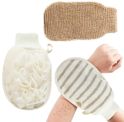 2Pcs Exfoliating Mitt Body Scrubber,Double-Sided Exfoliating Glove,Shower Puff Loofah Sponge,Dual Action Gentle Body Scrub Exfoliator & Bath Sponge for Skin Cleaning(COLOUR:Brown)