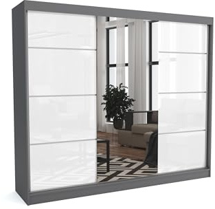 Brent - Kleiderschrank mit Spiegel Suzan, 250cm Breit, Schlafzimmerschrank mit 1 Kleiderstange und Einlegeböden für Kleidung, Kleiderschrank Grau Matt/Weiß Hochglanz