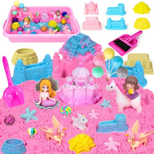 JONRRYIN Sand Sandbox Set, Zaubersand Einhorn, Spielsand Koffer Mit 900g Sand & 32 Pcs Zubehör Strandwerkzeuge, Sensorisch Sandspielzeug für Kinder Mädchen 4+