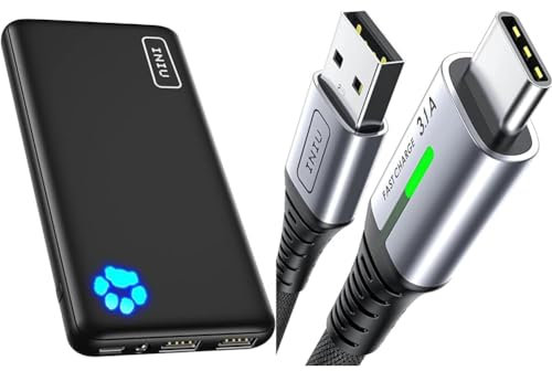 INIU Power Bank, Portable Charger 10000mAh Slimmest & Lightest High-Speed USB C & USB C Charger Cable 2m 3.1A Type C Cable Fast Charging, Braided USB A to USB-C Phone Charger Cable USBC