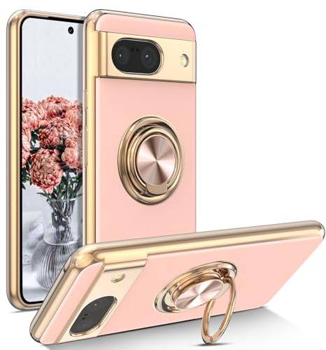 EYZUTAK Electroplated Magnetic Ring Holder Case for Google Pixel 8a, 360 Degree with Rotation Metal Anti-fall Finger Ring Holder Magnet Car Holder Slim Soft Silicone Shockproof Cover - Light Pink