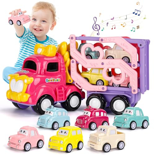 YGNNXRN Auto Spielzeug ab 2 3 4 5 Jahre Mädchen, 7-in-1 Autotransporter LKW mit Licht & Musik, Pinkes Transport Truck Autos Spielzeug Kinderspielzeug ab 2 3 4 5 Jahre Mädchen Geschenk