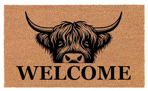 Welcome Doormat Coco Coir Door Mat Gift Welcome Peeking Highland Cow (30 x 18)