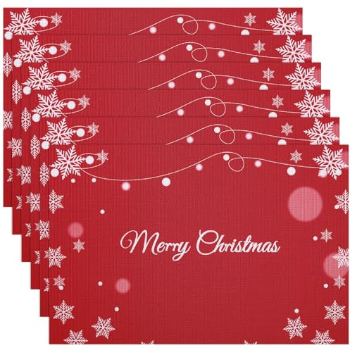 Banchif Tischsets Weihnachten Das Tischset Ist Mit Schneeflocke und Merry Christmas Motiv Abwaschbar rutschfest Abgrifffeste Hitzebeständig PVC Platzsets Tischdeko Weihnachten Set of 6