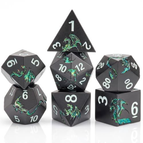 HNCCESG Juego de Dados de Metal de Dragón Verde con Purpurina Negra, 7 PCS Dados DND de Aleación de Zinc Pesada con Caja de Regalo Magnética para Juegos de Mesa RPG (Dragón Verde con Purpurina Negra)