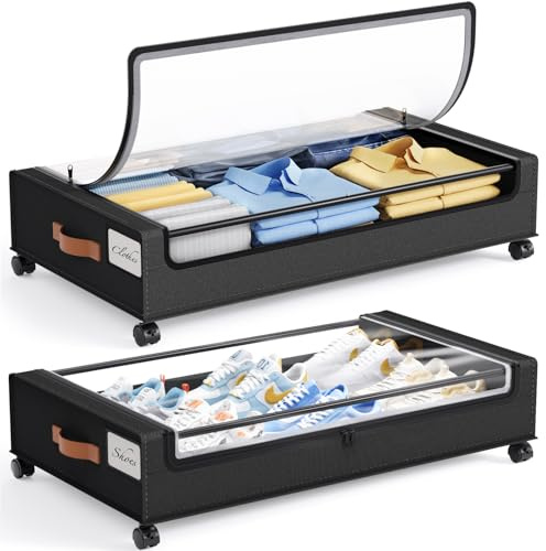 Yecaye 60L Under Bed Storage with Wheels, 2 Pack Under Bed Storage Containers, Underbed Shoe Storage with Clear Window & Label, Rolling Under Bed Metal Drawer for Clothes, Shoes, Books, Black