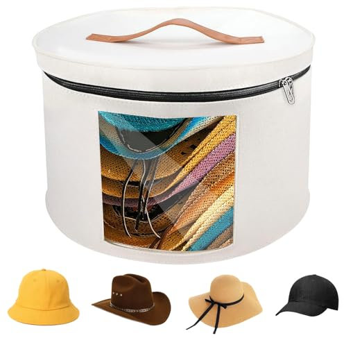 BlyeMichdi Scatola per Cappelli Rotonda, Portaoggetti per Cappelliera Rotonda con Cerniera, Cappelliera Pieghevole Grande con Cerniera, Finestra Trasparente e Manici, 40x25cm, Bianco