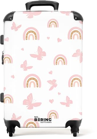 NoBoringSuitcases© Kinderkoffer Mädchen, Reisetasche mit Rollen, Koffer | 72 L - Kinder, Mit TSA, Kindertrolley Mädchen, Hartschalenkoffer Mittelgroß (Rosa Regenbögen, Schmetterlinge - Weiß, 67 cm
