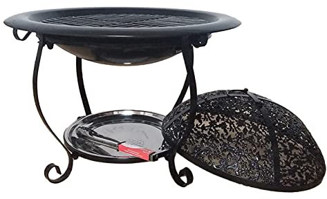 Braciere per carbone/tronchi/falò a legna, interno/esterno, giardino, barbecue, stufa, riscaldamento con coperchio a rete e griglia, ideale per feste