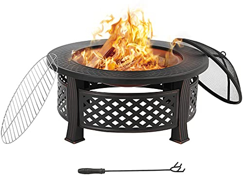 Runde Feuerschale mit Funkenschutz 80,5cm, Garten Feuerkorb, Multifunktionale Feuerstelle Feuerschale mit Schutzhülle, Feuerschalen für den Garten BBQ Outdoor Heizung im Winter, Grillrost & Schürhaken