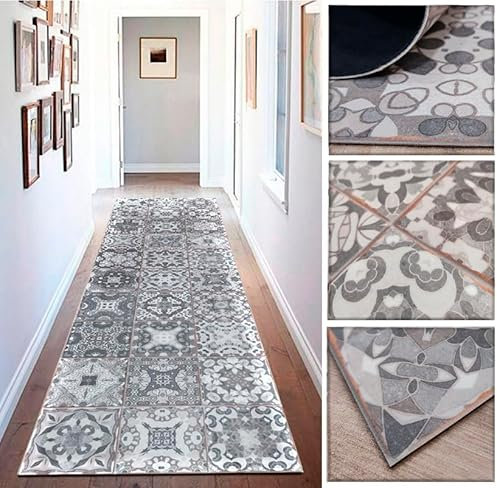 Tadi & Imperio1979 Alfombra de Vinilo con diseño Floral Vintage en Gris Envejecido y Blanco para Cocina, lavaderos, Pasillo, Aseo, dormitorios con revés PVC Antideslizante, 60x40cm.