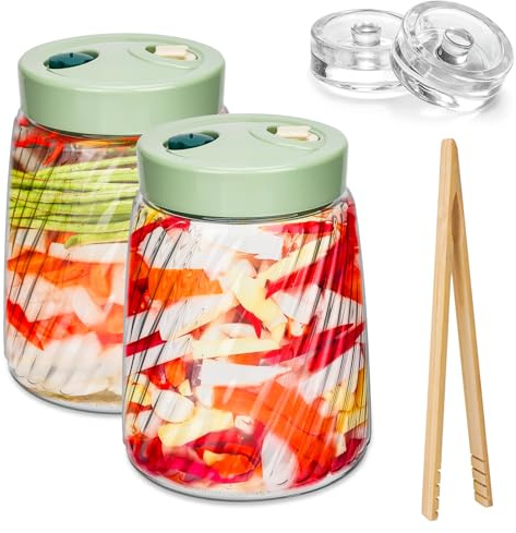 USHOP Lot de 2 Bocaux de Fermentation de 1.4l Avec 2 Ouvertures D'aération,Bocal Verre Ouverture Large,Bocaux Conservation pour Une Fermentation Sécurisée de Kéfir, Kimchi, Choucroute, Levain