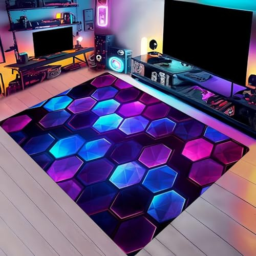 LOMDEM 3D Geometrie Neon Graffiti Gaming Teppich für Jungen Teenager-Schlafzimmer, Teppich für Kinderzimmer, Wohnzimmer, Spielzimmer-Zubehör, Bodenmatte, Läufer, Fußmatte, 120x160 cm, Blau Lila