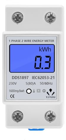 Contatore di energia monofase, schermo LCD Contatore Energia Elettrica, contatore da 2P 5(80) A per montaggio su guida, 220/230V, 50/60Hz