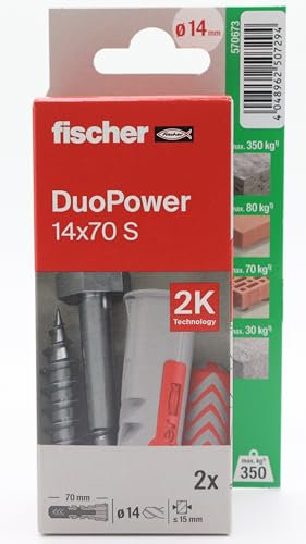 fischer - Duopower 14x70 con vite - 2U, tasselli da parete multimateriale, servono per appendere biciclette, quadri, armadi, supporti TV, scaffali, mobili.