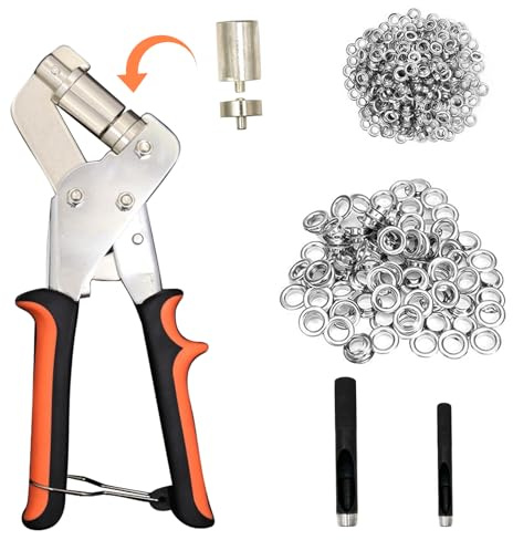 Eyelet Pliers Punching Pliers Set (10mm+6mm), Replaceable Punching Heads with 300 Metal Waterproof Coating Gaskets for Punching Holes of PVC Banners Waterproof Fabrics Leather Cardboard Decorations