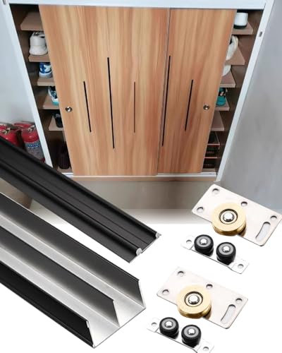 Minglez SchiebetüR Bausatz Schiebetür-Beschlagsatz mit Bodenführung, 56 61 76 82 122cm Schiebetürführung mit Messingrollen, Türrollensatz(Black,58 cm/22.8 inch)
