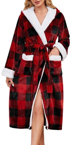 Yuson Girl Women's Flannel Dressing Gown Long Plush Fleece Robe with Hood Warm Winter Bathrobe for Women Soft Fluffy Loungewear Tartan Check Pattern Spa Sleepwear(Plaid-Wine, L)
