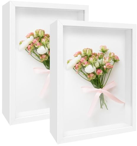 2 Pack Shadow Box Frame 11x 14 Wood Deep Shadow Boxes Display Cases, Dried Flowers, Photos, Handicrafts Picture Frames for Wall Hanging Tabletop (White, 11x 14)