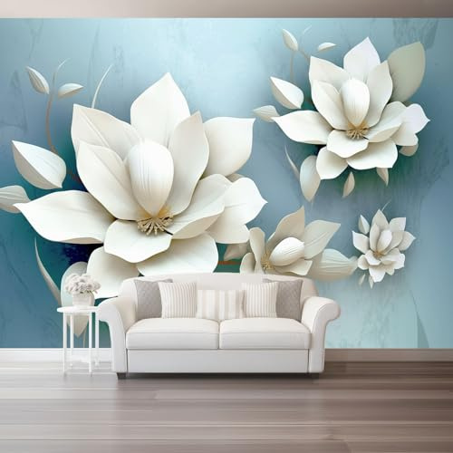 Plant Photo Wallpaper Nursery 250 X 175 Cm Blue Magnolia Flowers Leaves - Non-Woven Premium Art Print Fleece Wall Mural Decoration Restaurant Hall Living Room Hallway