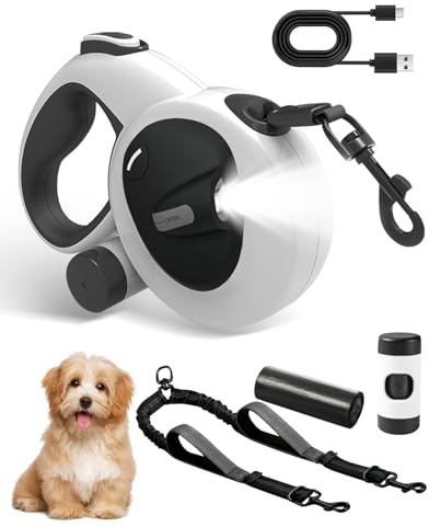 6M Retractable Dog Lead, 2-in-1 Extendable Dog Lead with Heavy Duty Elastic Leash, Double Dog Lead for 2 dogs up to 50kg, 3 Modes LED Light, Poop Bag Dispenser, One-Hand Lock, for Medium/Large Dogs