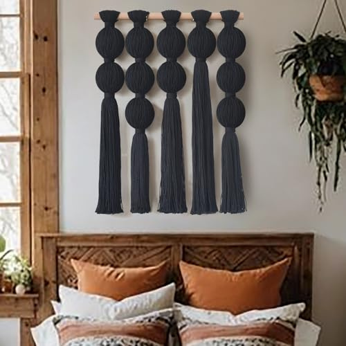 Jakalin Makramee-Wandbehang, schwarze Boho-Wandkunst mit Quasten, moderne Faserwandkunst für Wohnzimmer, Schlafzimmer, Büro | Garn-Wandbehang, Baumwollquasten, handgewebte Handwerkskunst, kühne, moderne Akzente, Wohnzimmer, Schlafzimmer, Büro