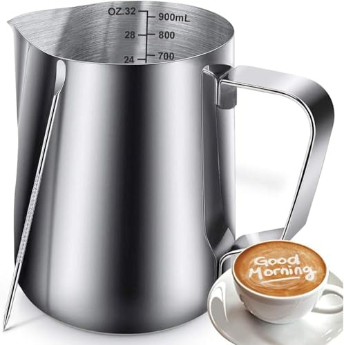 Marvelisk 900ml Milk Frothing Jug with Measurement Mark & Latte Art Pen, 304 Stainless Steel Milk Pitcher for Steaming, Frothing and Pouring, Professional Barista Milk Jug for Cappuccino & Latte Coffe