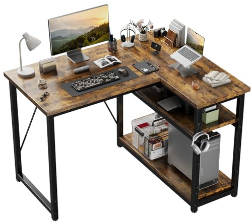 JUMMICO Small L Shaped Desk 100x80cm with Storage, Corner Computer Desk with Reversible Shelf, Sturdy Office Desk & Workstations for Home Office,Home Office Work Table Brown
