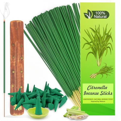 Citronella Incenso Bastoncini e Coni Naturale Set, 120 Citronella Bastoncini + 30 Coni con 2 Supporti, Incenso Lemongrass 100% Naturale per Terrazzo, Balcone, Giardino, Patio, Campeggio e Piscina