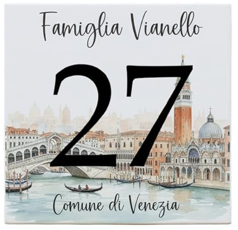 Numero Civico in Ceramica Comune di VENEZIA, Targa Decorativa PERSONALIZZABILE,Mattonella in Ceramica 11x11cm, con Indirizzo e Nome Famiglia Personalizzato, made in italy Stile Veneziano