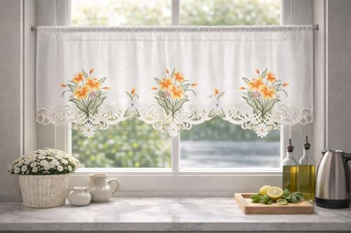 KAMACA Bistrogardine 50x120 cm Ecru – Edle Stickerei mit gelben Narzissen – Hochwertiger Kurzstore mit durchbrochener Spitze – Transparente Scheibengardine für Küche & Esszimmer