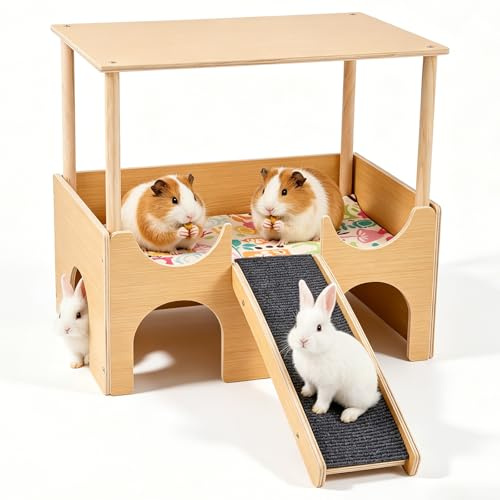 Meerschweinchen Haus aus Holz, 38 x 35 x 26 cm Meerschweinchen Versteck mit Treppe und Matten, Versteck für Kleine Haustiere Hamster Chinchillas Zwerg Degus Stachelmäuse Kaninchen