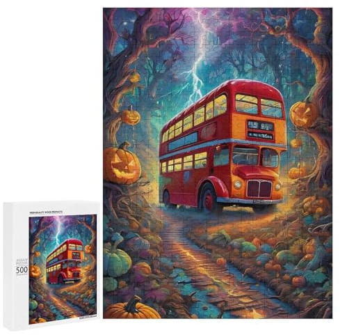 Puzzles pour adultes 500 pièces Bus d'Halloween dans la forêt enchantée Puzzles pour adolescents, jouets de bricolage, cadeaux pour femmes, convient également comme cadeau pour toute la famille 500