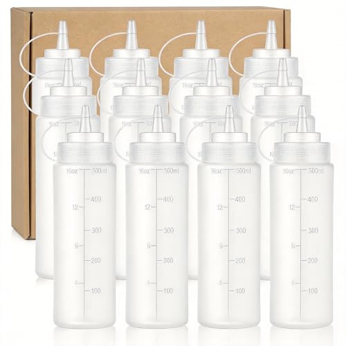 Seven-Flower 12 Pack Condiment Squeeze Bottles, 16oz / 500ML Empty Squirt Bottle with Twist Top Cap, Leak Proof - Great for Ketchup, Mustard, Syrup, Sauces, Dressing, Oil, Arts and Crafts