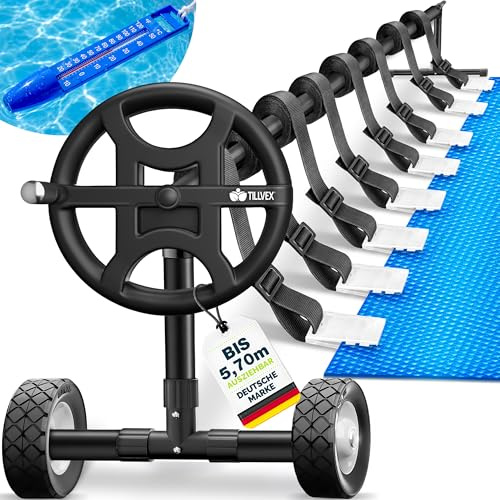 tillvex Enrollador de Cubiertas para Piscinas 3-5,70 m con neumáticos de Caucho Macizo + Termómetro & Cintas de Fijación y Ruedas | Sistema Móvil de Enrollado para Lonas, Láminas Solares (Negro)