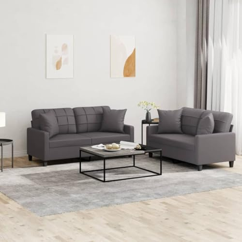 Basinlix 2-TLG. Soffset med kudde grått konstläder för vardagsrum, avkoppling, läsning, TV, sittmöbler, soffa, hörnsoffa, boendemiljö, gästsäng, förvaringsutrymme, armstöd