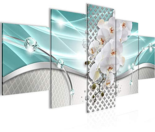 Runa Art - Bilder Blumen Orchidee 200 x 100 cm 5 Teilig XXL Wanddekoration Design Türkis Grau 022551c