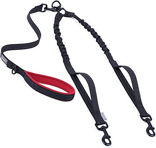 VIVAGLORY 2 Dog Leash Twinlead Two Dog Leash with Soft Padded Double Handle & Traffic Handle for Training Walking, Heavy Duty Anti Pull Bungee Flective & Tangle Freere, 4.8-5.5ft, Black