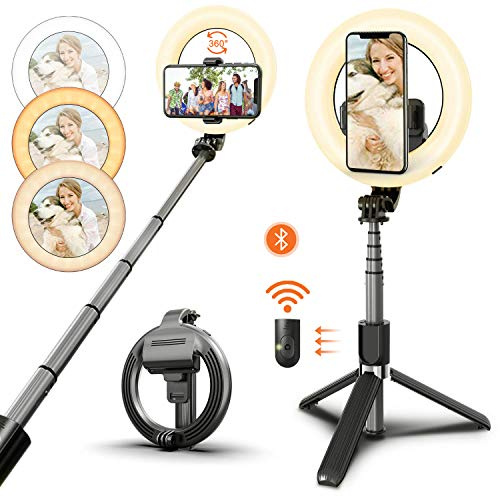 HMEDA Aro de Luz Trípode,Palo Selfie Trípode con Control Remoto Inalámbrico,3 Colores 9 Brillos Regulables para Fotografía,Movil TikTok,Maquillaje, Selfie,Streaming,Youtube