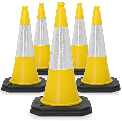 Street Solutions UK Yellow Traffic Cones 750mm Pack of 5 - Heavy Duty Road Cones Large, Wind Resistant High Reflectivity No Parking Cones