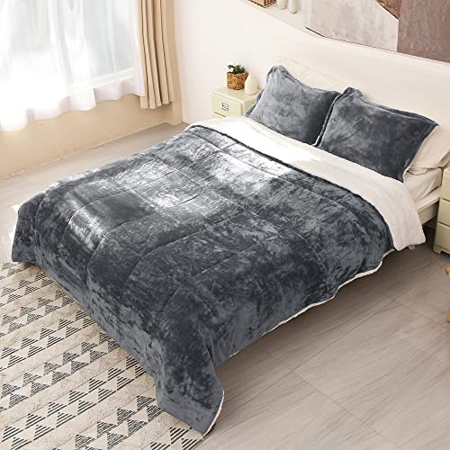 Catalonia Classy Queen Size Warm Bed Comforter, Fleece Sherpa Quilted Bedspread Set 3PCS, Cosy Soft Thermal Throw Blanket,Grey, 220 x 230cm, 1 Comforter and 2 Pillowcases