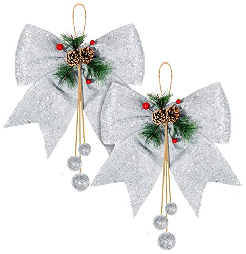 U/ D Weihnachtsschleife, rote Kränze, Schleifen, große Weihnachtsbaumschleife, Pailletten, Schleife, Weihnachten, dekorative Schleifen für Zuhause, Dekoration, Weihnachtsfeier, 2 Stück (Silber)