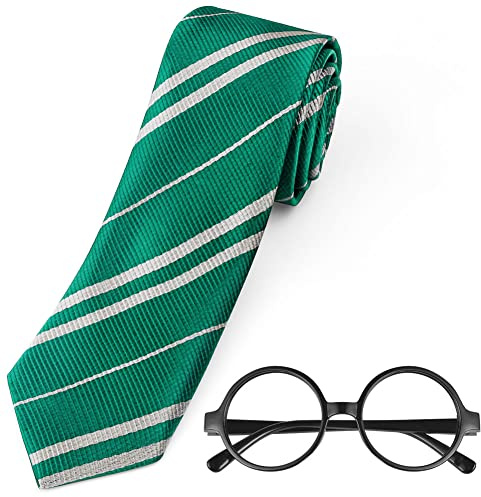 Aomig Sorcier Accessoire Cravate avec Lunettes Cadre, Cravate de Cosplay de Magicien pour L'école Filles Garçons et Adultes Déguisements Cosplay Costumes d'halloween Sorcier Deguisement, Vert