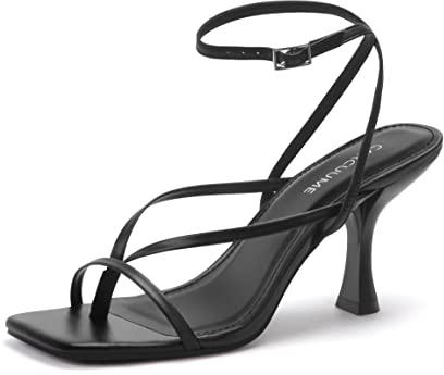 Carcuume Womens Kitten Heels Square Toe Thong Strappy Ankle Strap Stiletto Heel Sandals,CAMILE-ALL BLACK PU-8