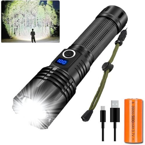 Torches LED Super Bright, 1000000 Lumen Rechargeable LED Torch with LCD Power Display, 5 Light Modes, High Powered Handheld Zoomable Flashlight for Camping, Hiking, Emergencies