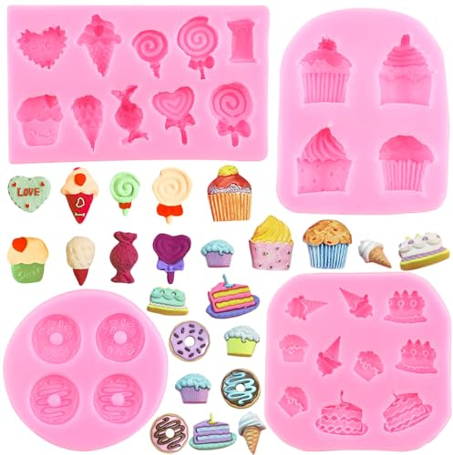 RFGHAC Lot de 4 moules en silicone en forme de cônes de crème glacée, moule à donut, moule à sucettes, bonbons, décoration de gâteaux, cupcakes, popsicle, argile polymère, pâte à chocolat